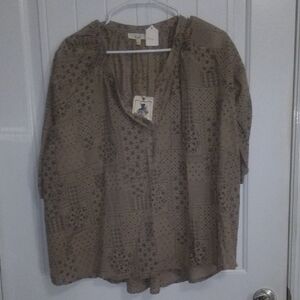 Tan Boxy Relaxed Blouse with Intricate Cutouts